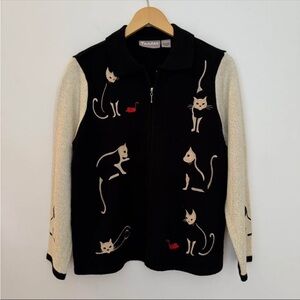 Tanjay Vintage Black Cat Zip Front Sweater Jacket with Cream Sleeves